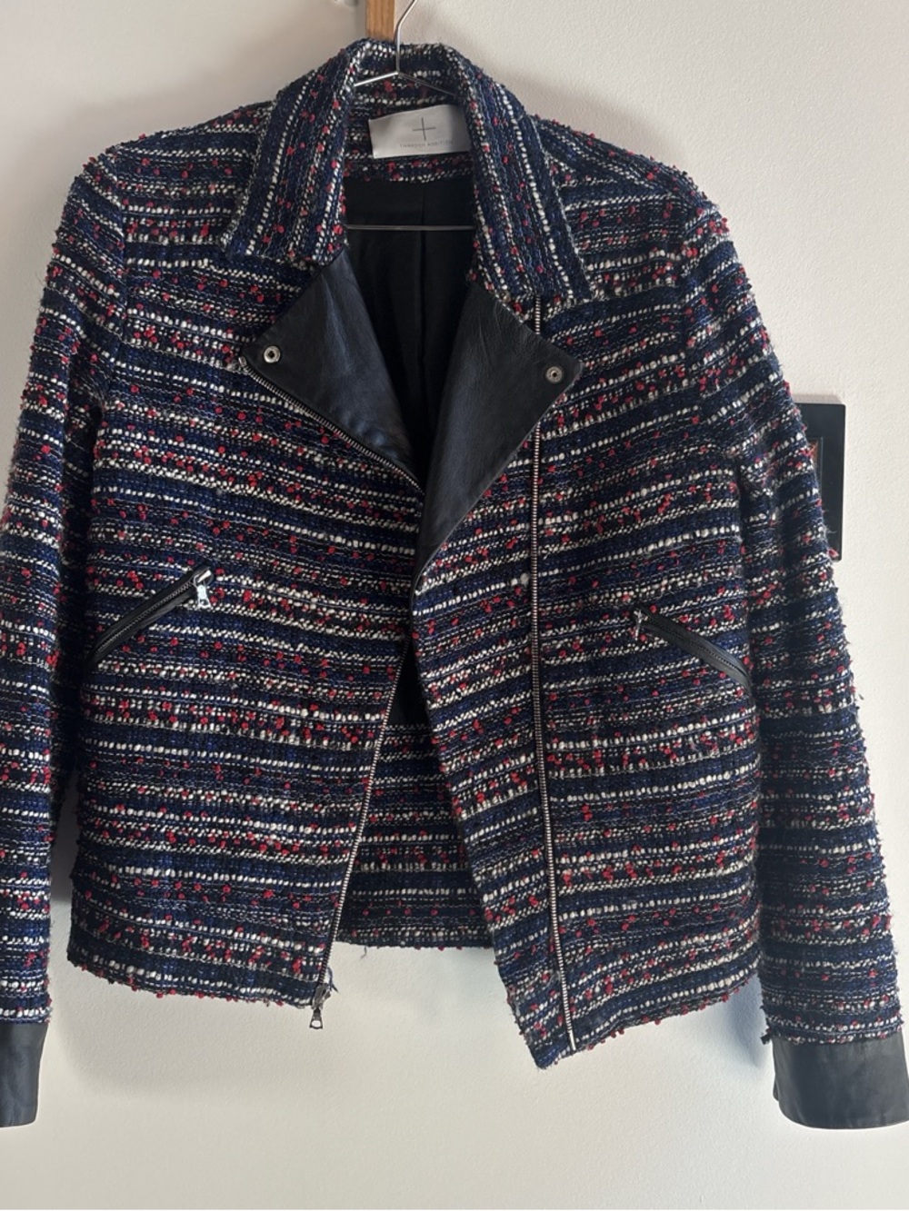 Thakoon Navy Tweed Moto Jacket with Black Leather Trim